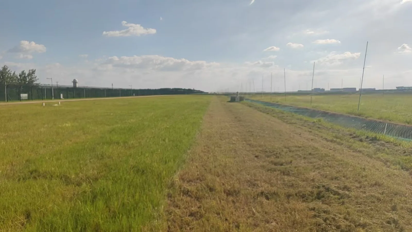 Long straight mow line along an airport perimeter fence, green cut grass on one side and taller uncut grass on the other, light poles in the distance